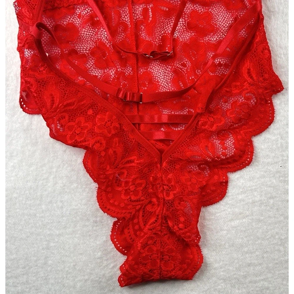 Floral Lace Halter Bodysuit‎ Plunging Neckline Low Back Adjustable Red M - Picture 9 of 14